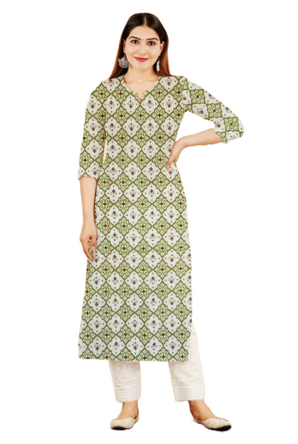 Green Cotton Geometric And Floral Print Kurti For Womens