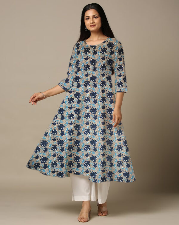 Blue Hibuscus Floral Printed in Geometirc Form Cotton Anarkali Kurti For Womens