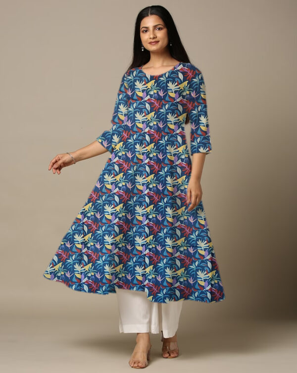Bird of Paradise Floral Printed Blue Cotton Anarkali Kurti For Womens