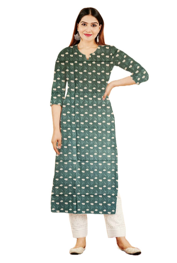 Floral Buti Printed Green Cotton Kurti For Womens