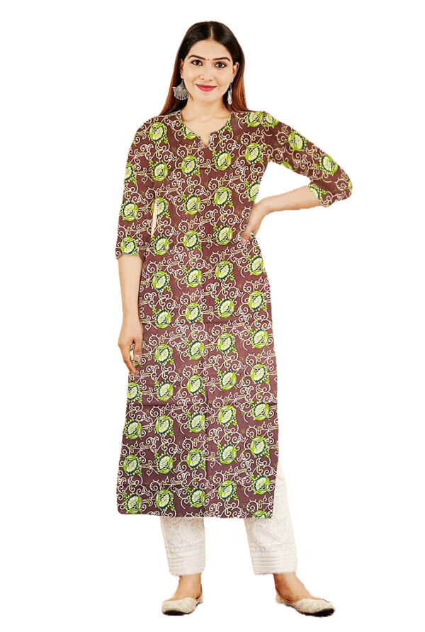 Rosebud Floral Printed Brown Cotton Kurti For Womens