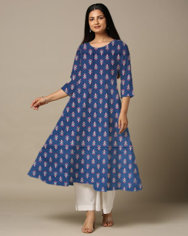 Floral Printed Cotton Blue Anarkali Kurti For Womens
