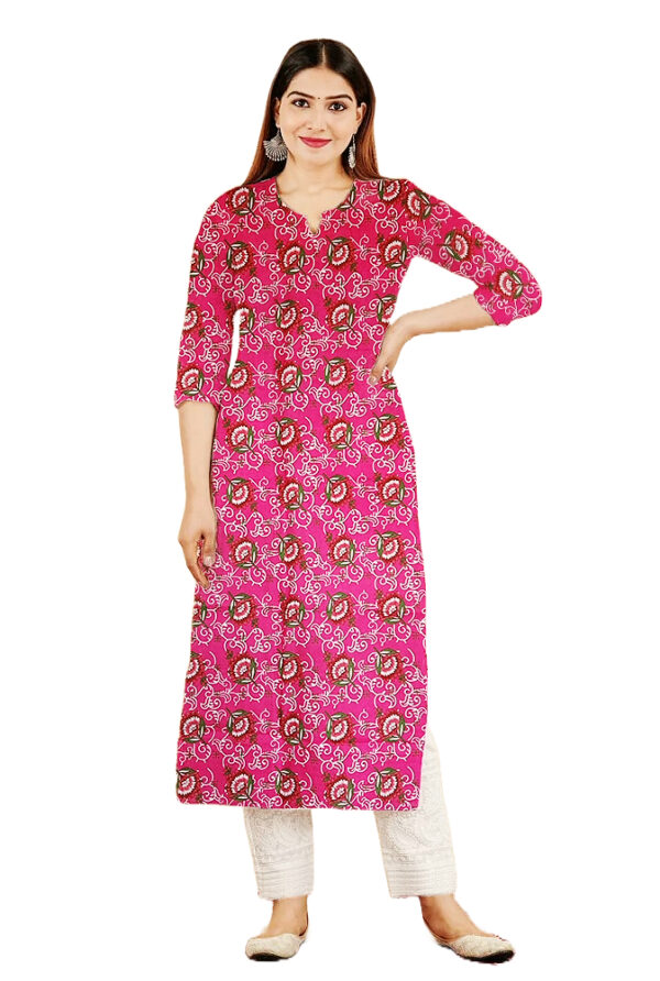 Rosebud Floral Printed Pink Cotton Kurti For Womens