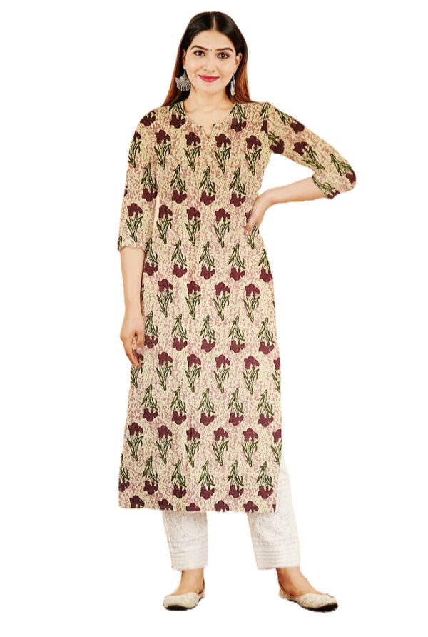 Large Lily Floral Printed Brown Cotton Kurti For Womens