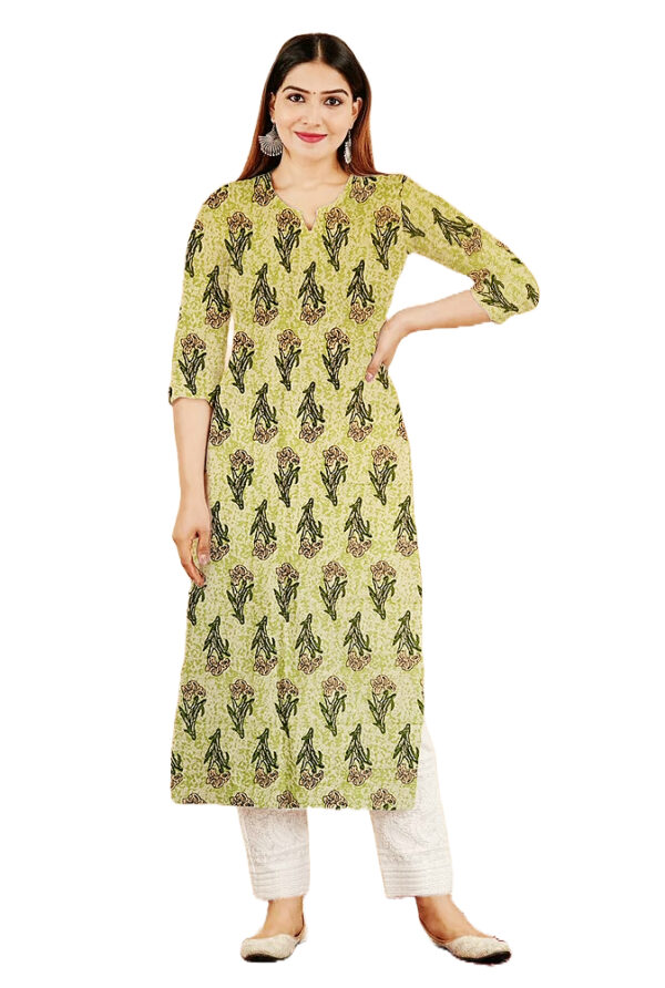 Large Lily Floral Printed Green Cotton Kurti For Womens