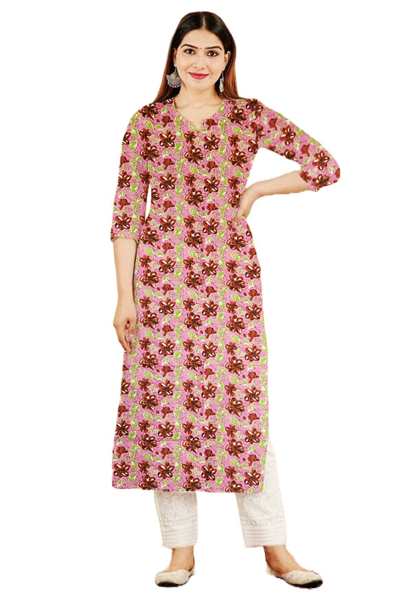 Lite Pink Hibuscus Floral Printed in Geometirc Form Cotton Kurti For Womens