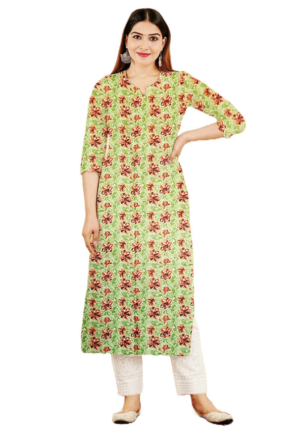 Green Hibuscus Floral Printed in Geometirc Form Cotton Kurti For Womens