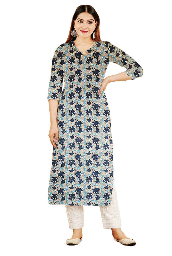 Blue Hibuscus Floral Printed in Geometirc Form Cotton Kurti For Womens