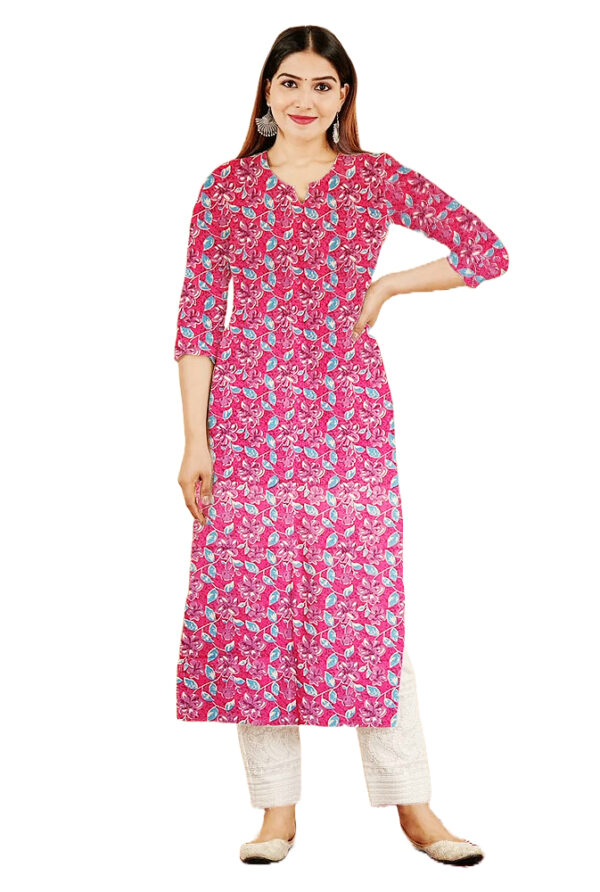 Pink Hibuscus Floral Printed in Geometirc Form Cotton Kurti For Womens