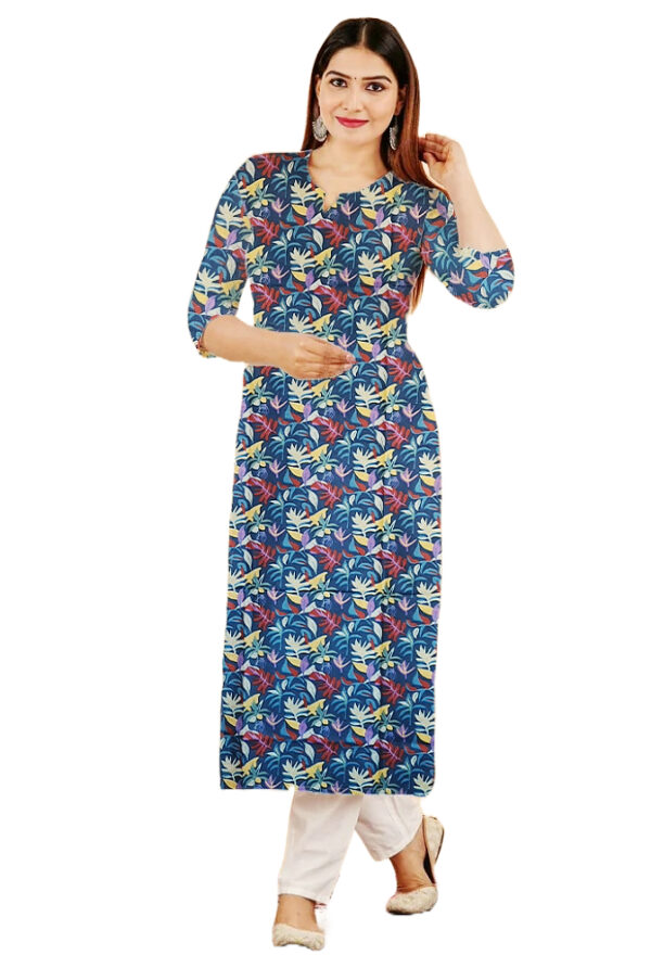 Bird of Paradise Floral Printed Blue Cotton Kurti For Womens