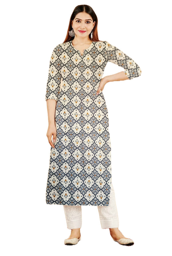 Geometric and Floral Printed White Cotton Kurti For Womens