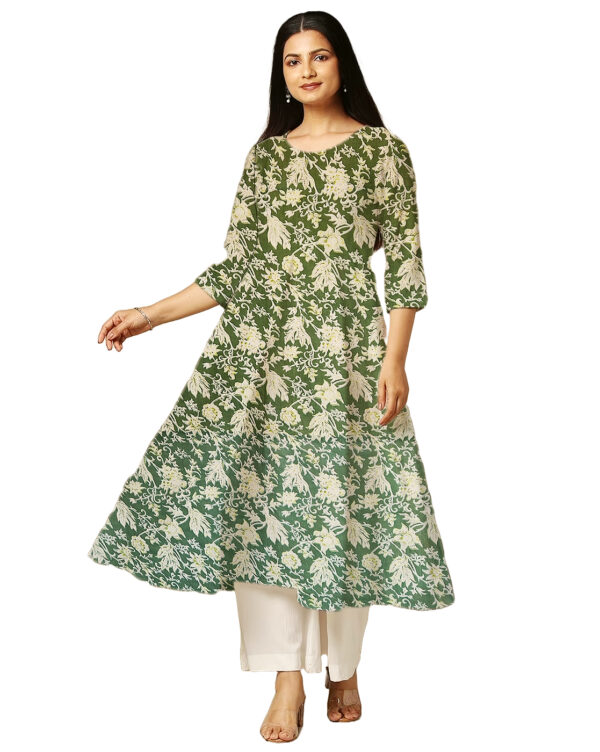 Large Floral Print Green Cotton Anarkali Kurti For Womens
