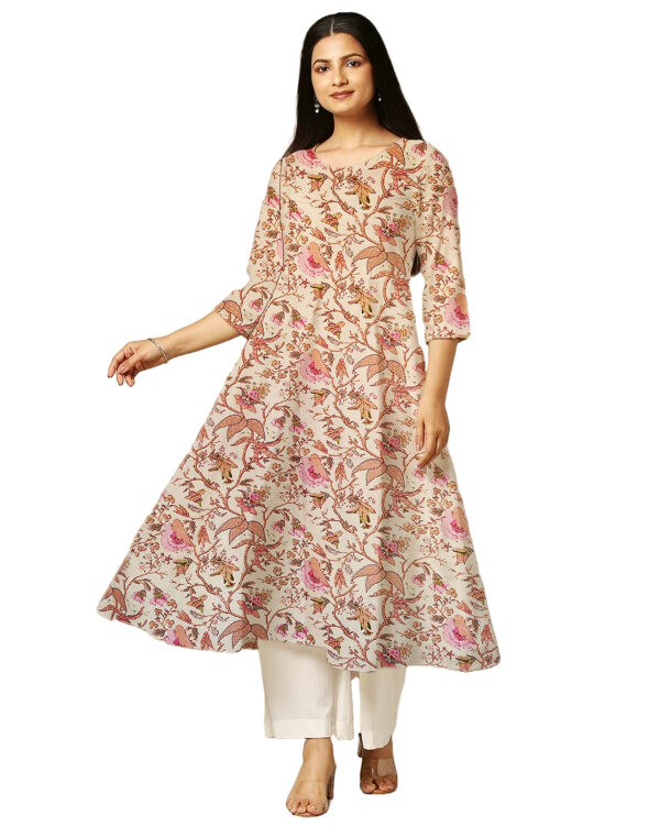 Floral And Leaf Print Pink Cotton Anarkali Kurti For Womens