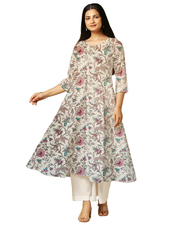 Floral And Leaf Print Blue Cotton Anarkali Kurti For Womens