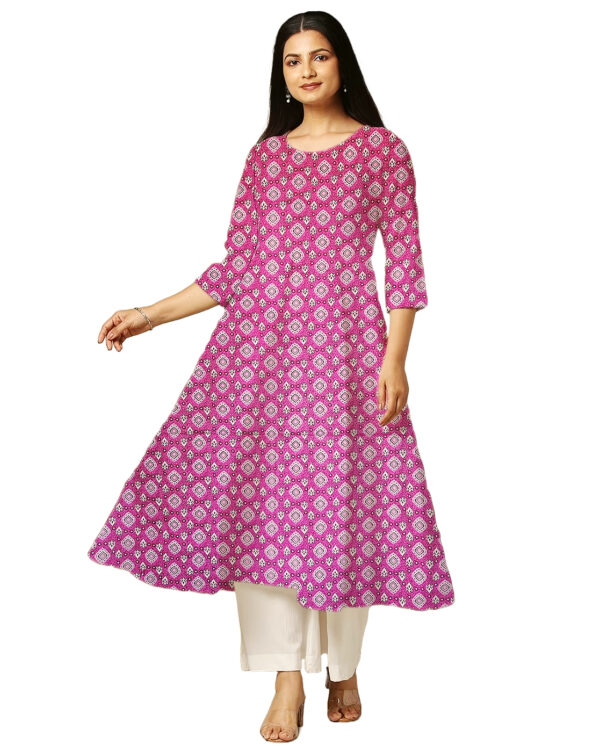Geometric Print Purple Cotton Anarkali Kurti For Womens