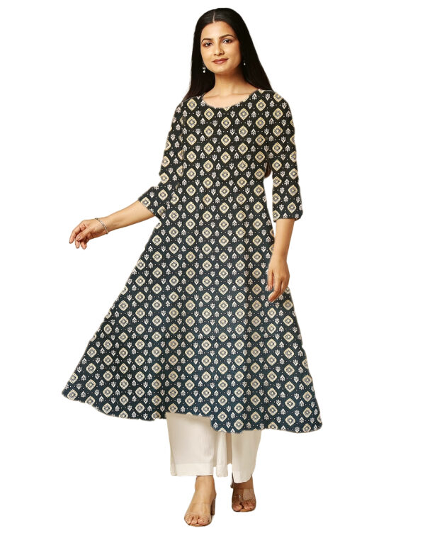 Geometric Print Green Cotton Anarkali Kurti For Womens