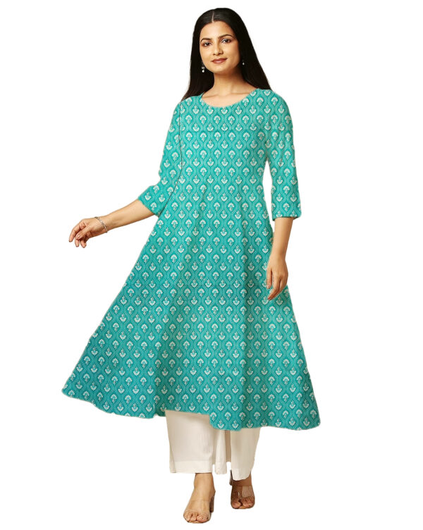 Floral And Geometric Print Blue Cotton Anarkali Kurti For Womens