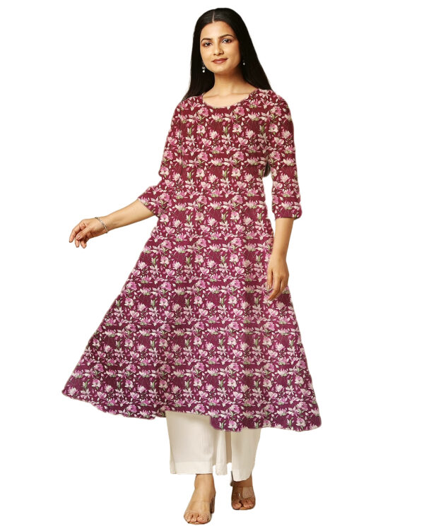 Lily Flower Print Purple Cotton Anarkali Kurti For Womens