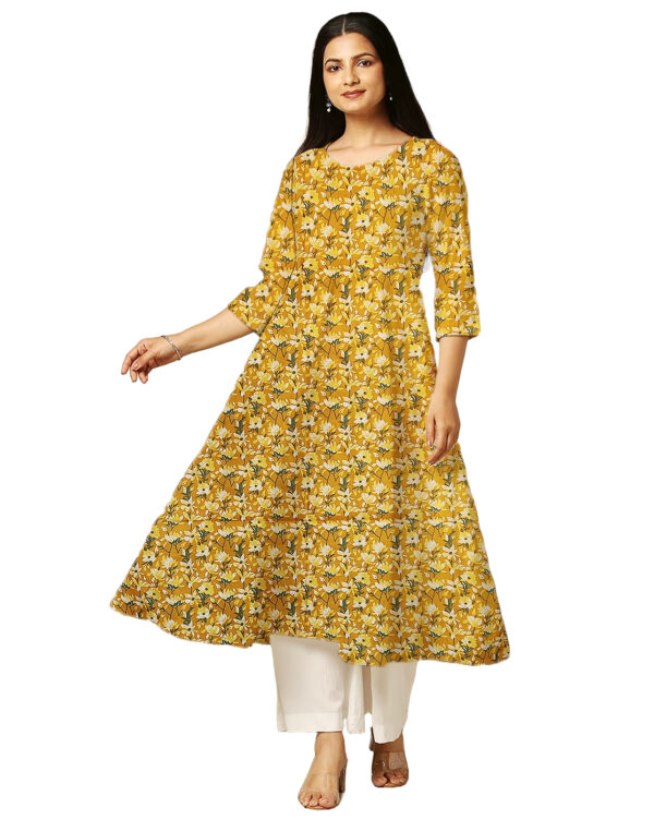 Lily Flower Print Yellow Cotton Anarkali Kurti For Womens