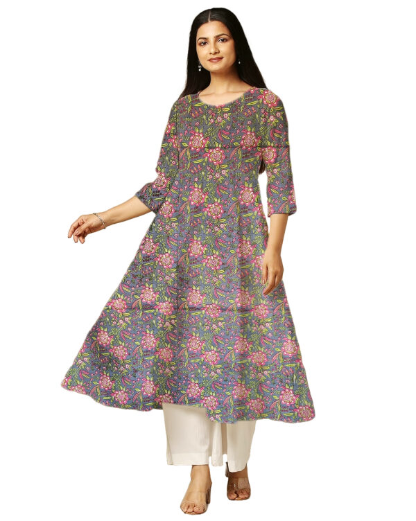 Sun Flower Print Purple Cotton Anarkali Kurti For Womens