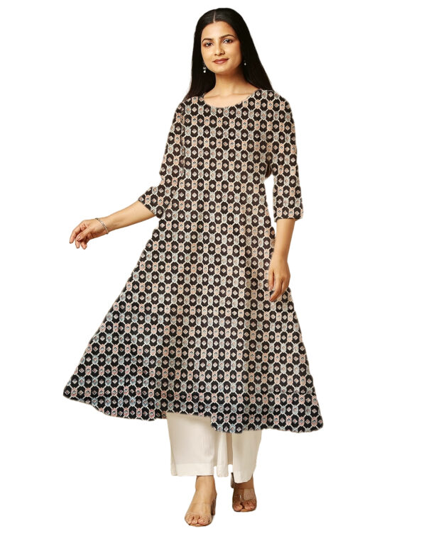 Geometric Printed Black Cotton Anarkali Kurti For Womens