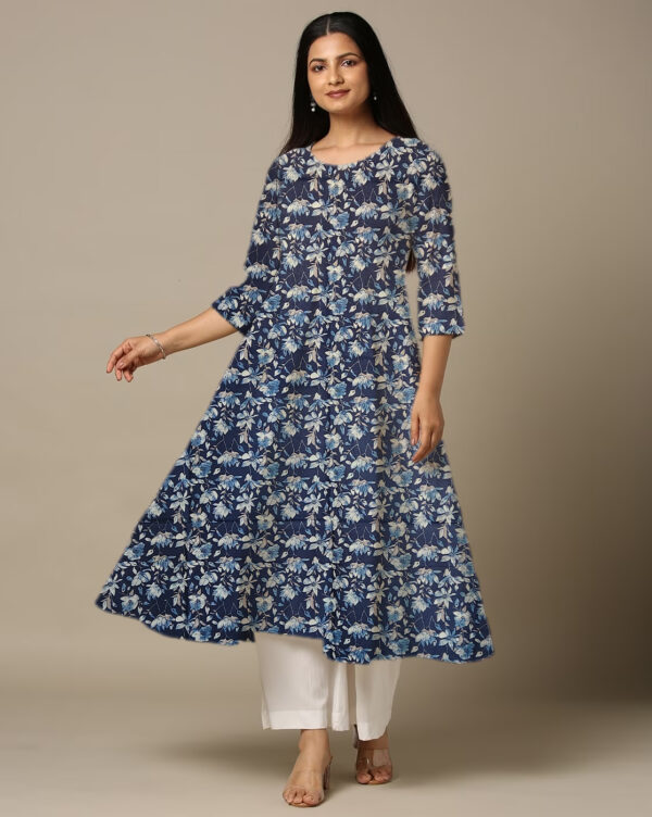 Lily Flower Print Blue Cotton Anarkali Kurti For Womens