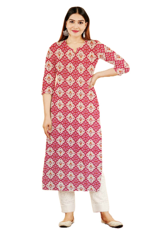 Pink Cotton Geometric And Floral Print Kurti For Womens