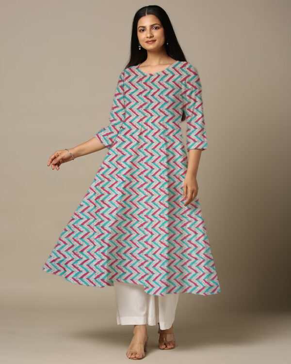 Blue Cotton Geometric Print Anarkali Kurti For Womens
