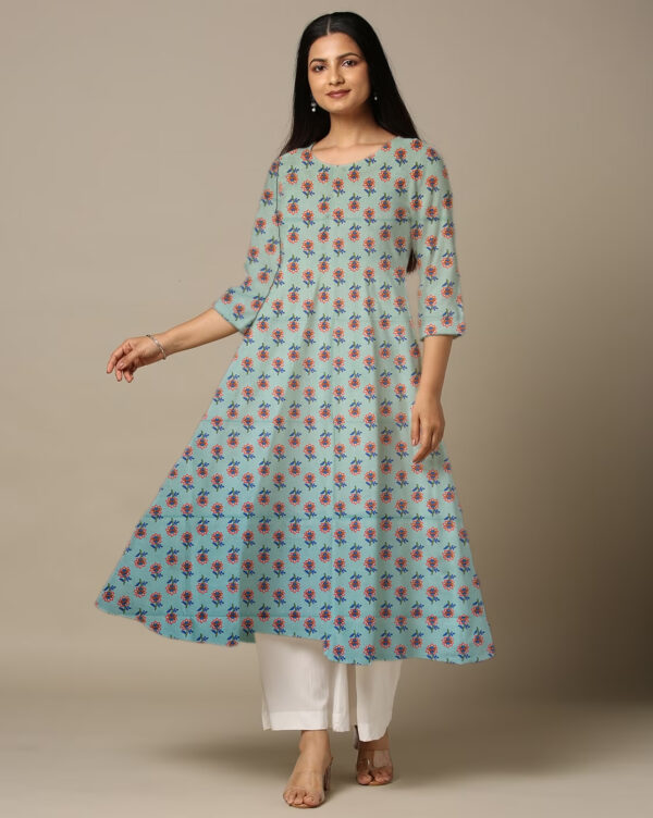 Tiny Floral Print Lite Green Cotton Anarkali Kurti For Womens