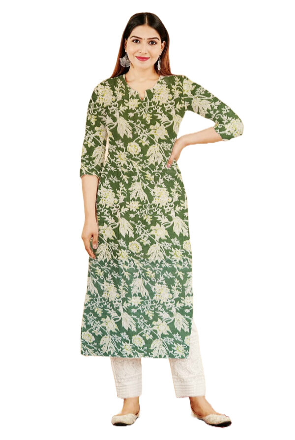 Large Floral Print Green Cotton Kurti For Womens