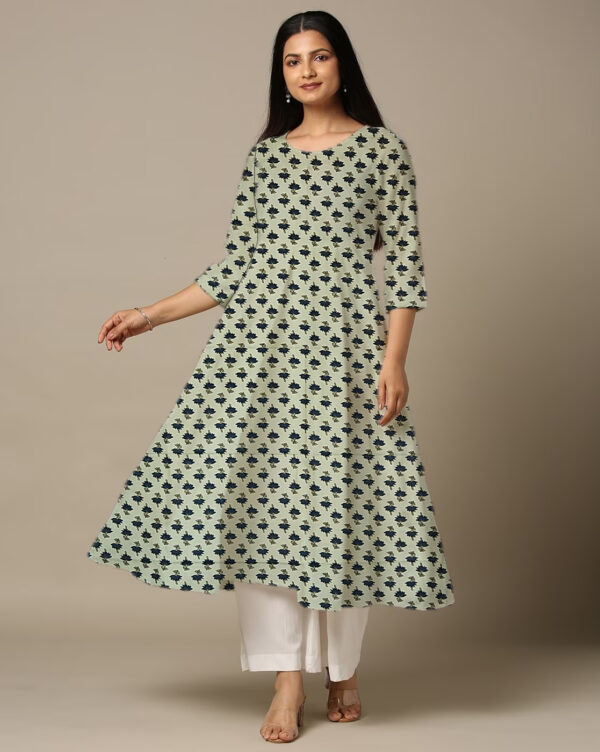 Tiny Floral Printed Blue Cotton Anarkali Kurti For Womens