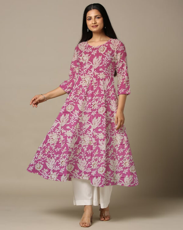 Large Floral Print Pink Cotton Anarkali Kurti For Womens