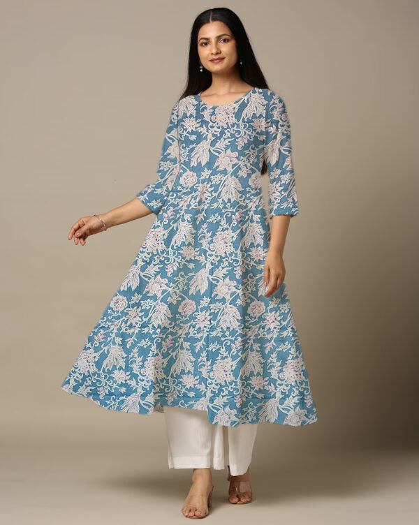 Large Floral Print Steel Blue Cotton Anarkali Kurti For Womens