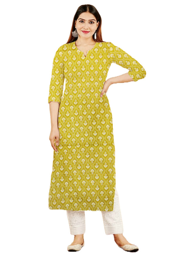 Floral And Geometric Print Green Cotton Kurti For Womens