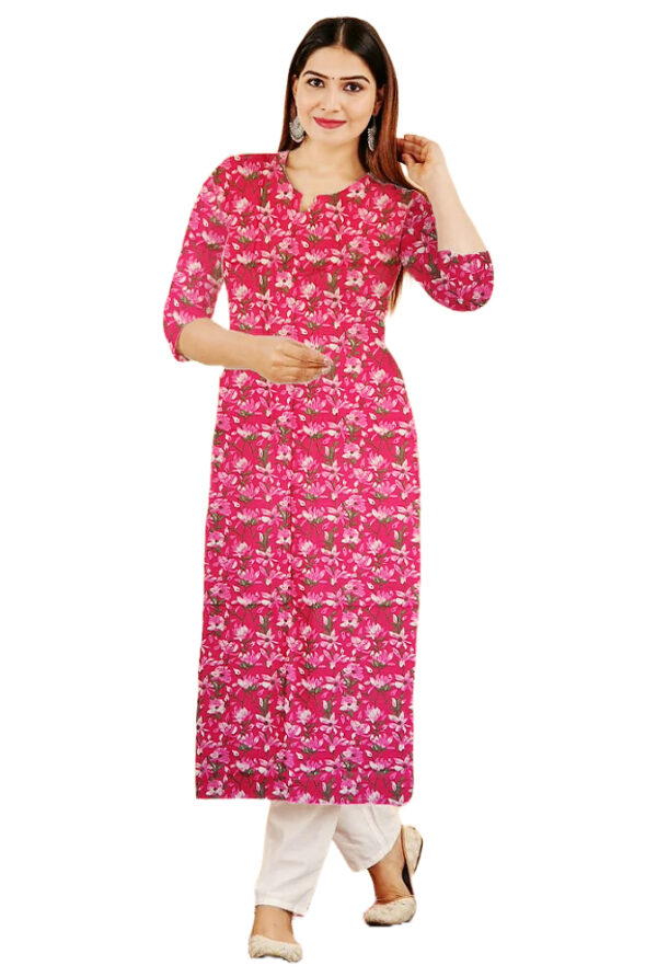 Lily Flower Print Pink Cotton Kurti For Womens