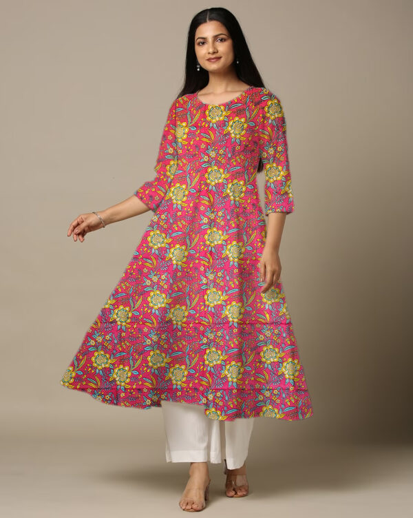 Sun Flower Print Pink Cotton Anarkali Kurti For Womens