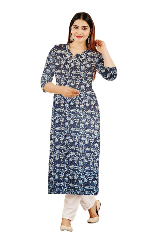 Lily Flower Print Blue Cotton Kurti For Womens