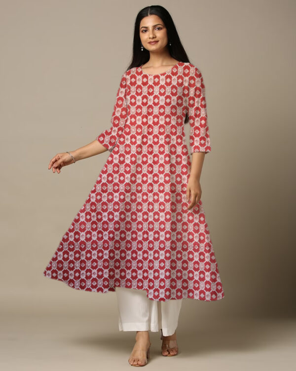 Geometric Printed Red Cotton Anarkali Kurti For Womens
