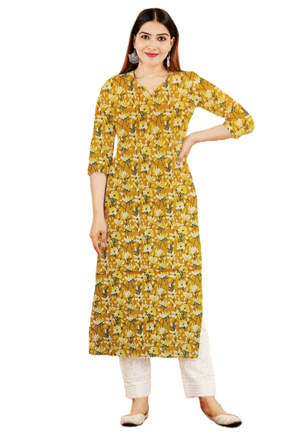 Lily Flower Print Yellow Cotton Kurti For Womens