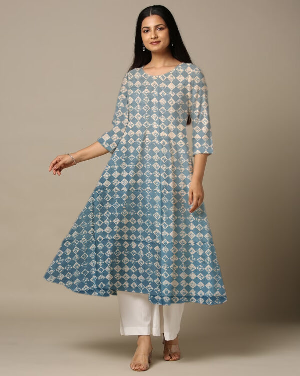 Square Print Royal Blue Cotton Anarkali Kurti For Womens