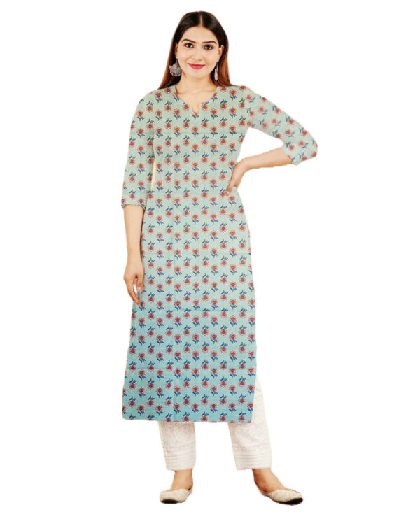 Tiny Floral Print Lite Green Cotton Kurti For Womens