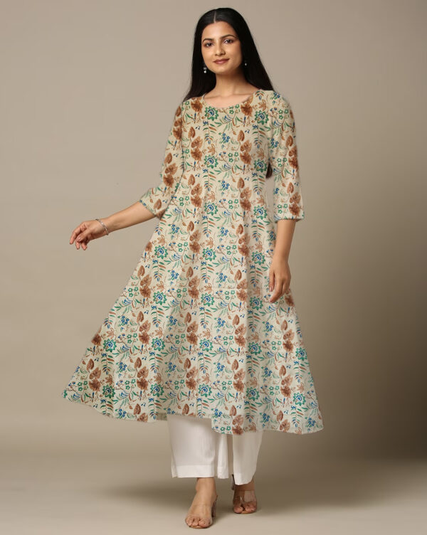 Brown Floral Print in Geometric Form Cotton Anarkali Kurti For Womens