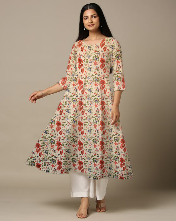 Red Floral Print in Geometric Form Cotton Anarkali Kurti For Womens
