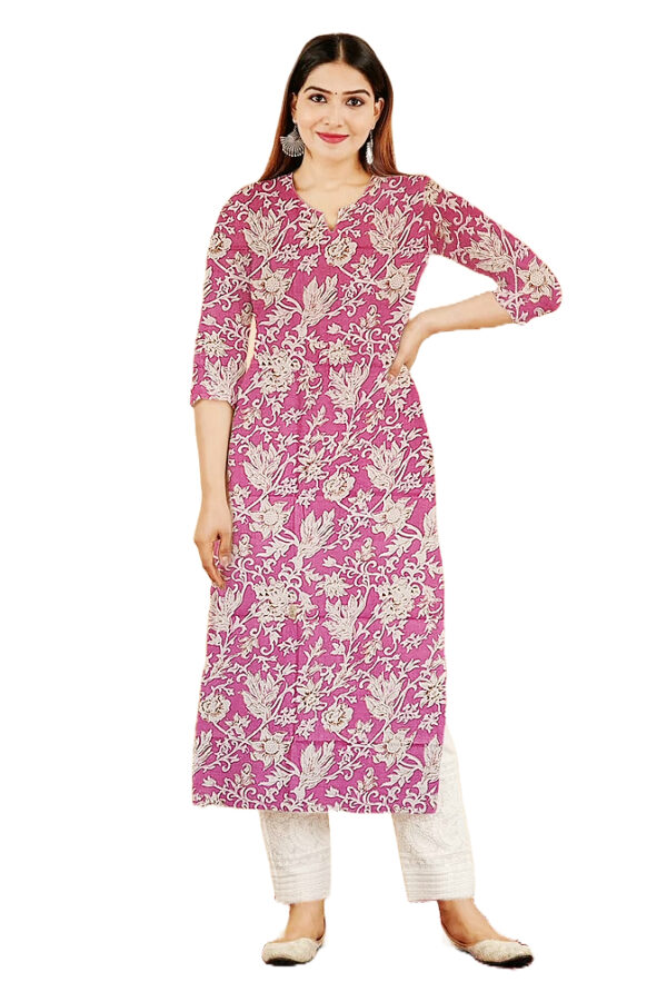 Large Floral Print Pink Cotton Kurti For Womens