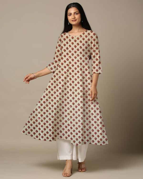 Red Small Floral Print in Geometric Form Cotton Anarkali Kurti For Womens