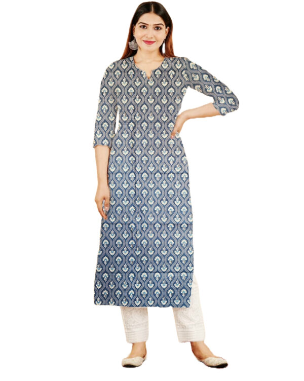 Floral And Geometric Print Navy Blue Cotton Kurti For Womens