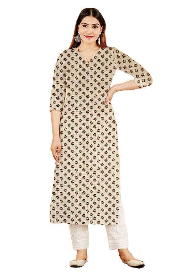 Brown Small Floral Print in Geometric Form Cotton Kurti For Womens