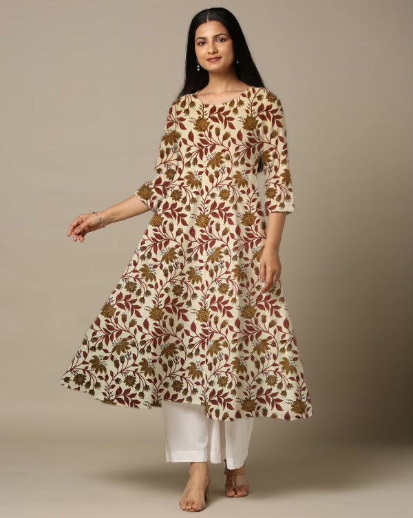 Brown Motif Floral Printed Cotton Anarkali Kurti For Womens