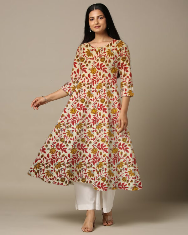 Red Motif Floral Printed Cotton Anarkali Kurti For Womens