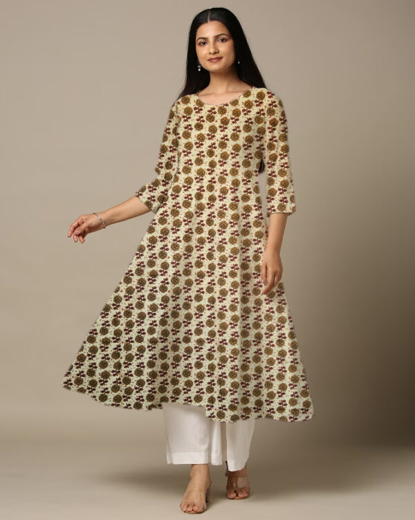 Small Marigold Floral Printed Brown Cotton Anarkali Kurti For Womens